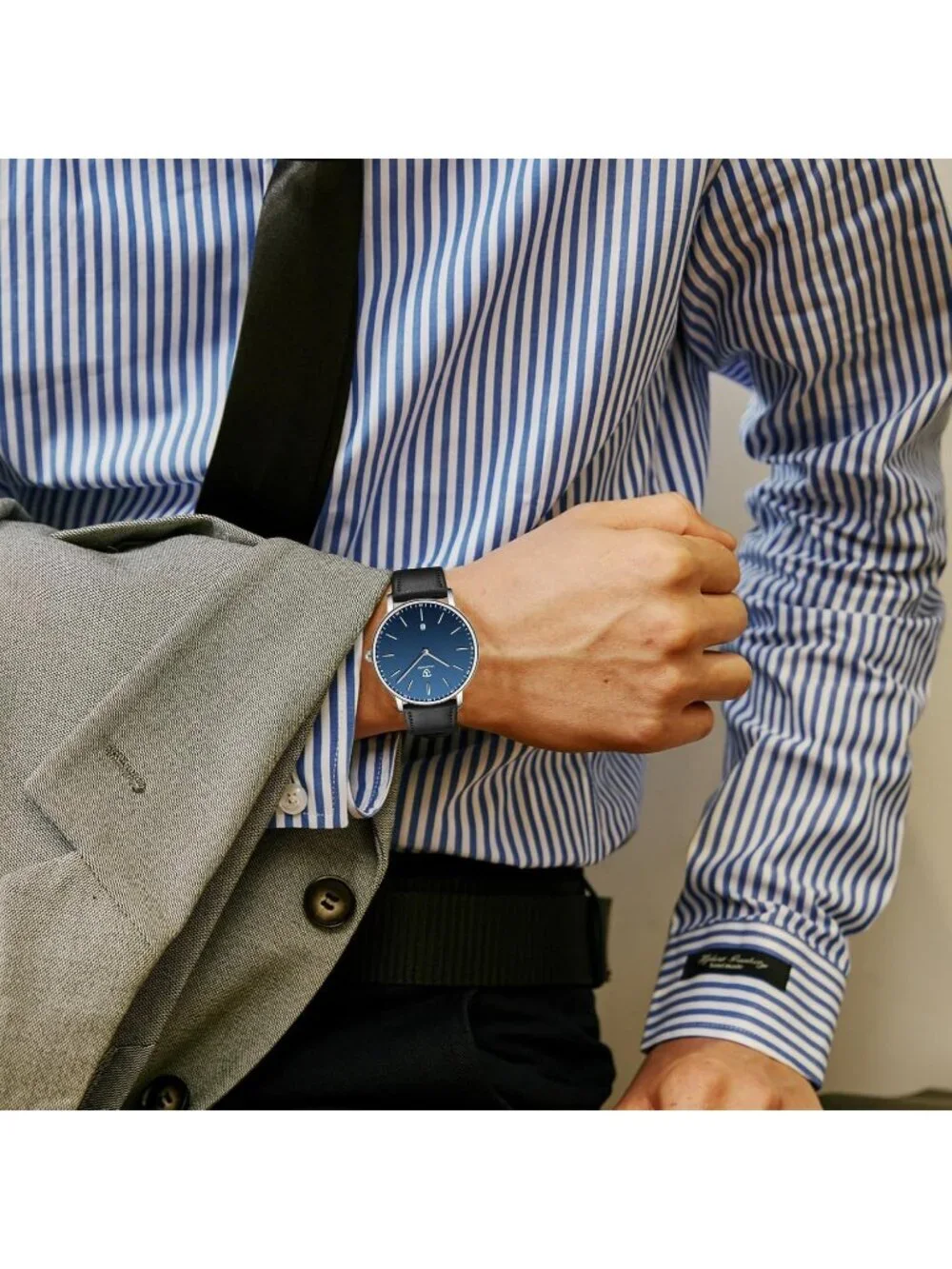 Men's Blue Dial Black Leather Strap Analog Minimalist Fashion Simple Wrist Watch
